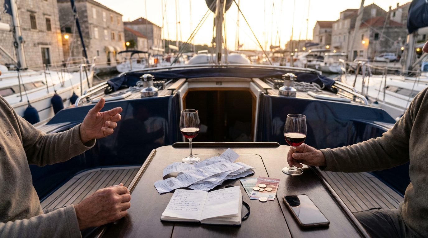 Belege, Notizbuch und Bargeld auf dem Cockpittisch einer Charteryacht im Abendlicht, zwei Crewmitglieder rechnen die Bordkasse ab