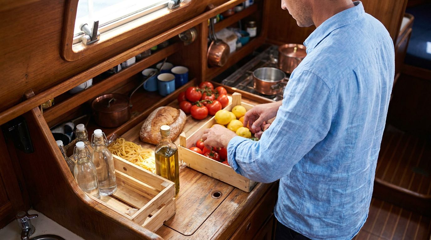 Frischer Proviant wird in der Pantry einer Segelyacht ausgepackt: Tomaten, Brot, Zitronen, Olivenöl und Nudeln auf der Teakarbeitsfläche
