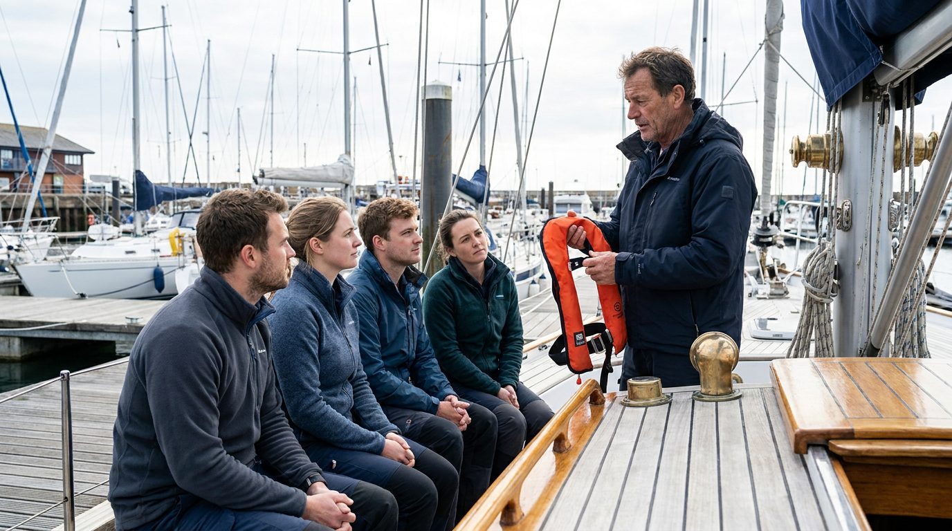Skipper zeigt seiner Crew an Deck einer Segelyacht die Bedienung einer Rettungsweste, vier Crewmitglieder hören aufmerksam zu