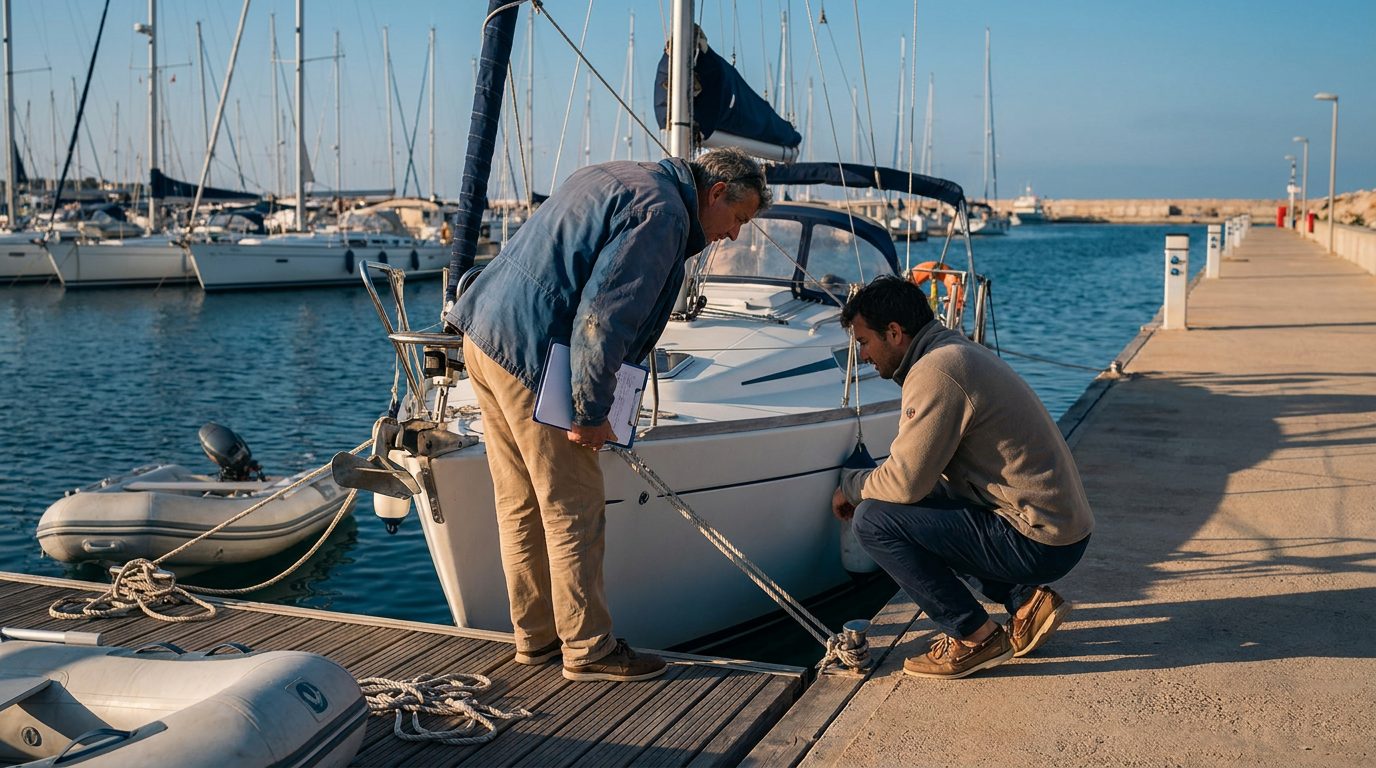Stützpunktleiter mit Klemmbrett und Skipper prüfen am Steg gemeinsam den Rumpf einer weißen Charteryacht