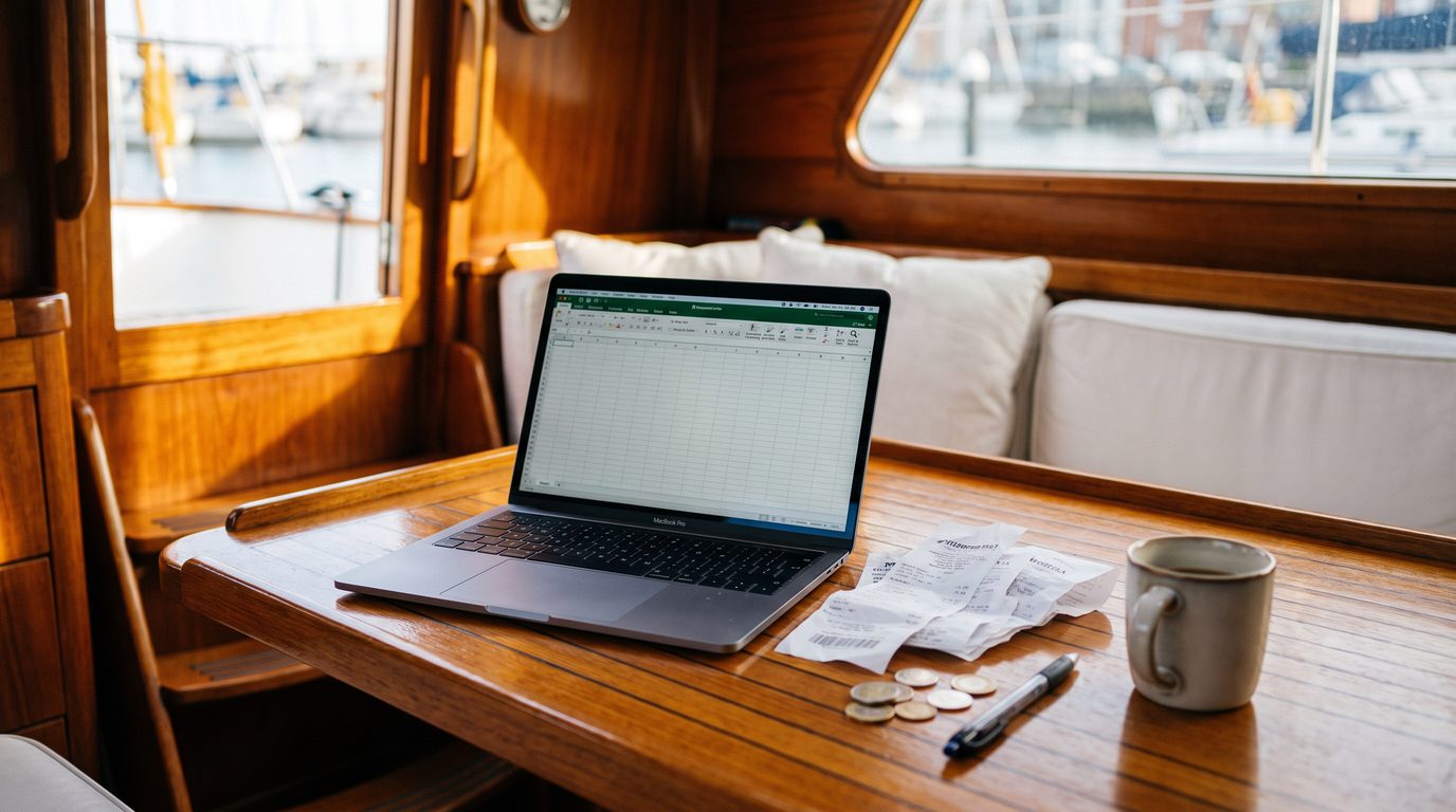 Aufgeklappter Laptop mit leerer Tabelle auf dem Holztisch im Salon einer Segelyacht, daneben Quittungen, Euro-Münzen, Stift und Kaffeetasse im Nachmittagslicht