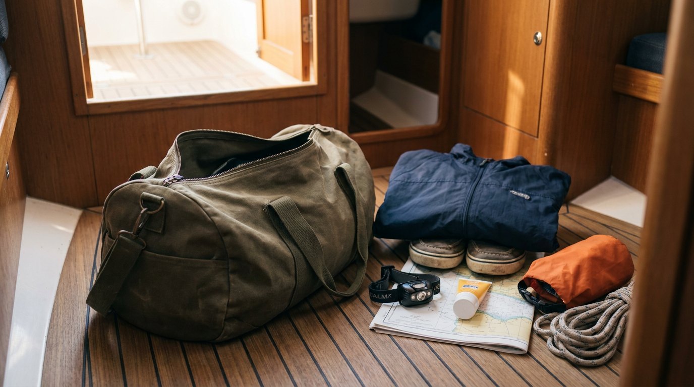 Weiche Reisetasche auf dem Teakboden einer Segelyacht, daneben ausgebreitet Segeljacke, Decksschuhe, Stirnlampe, Sonnencreme, Seekarte und Drybag