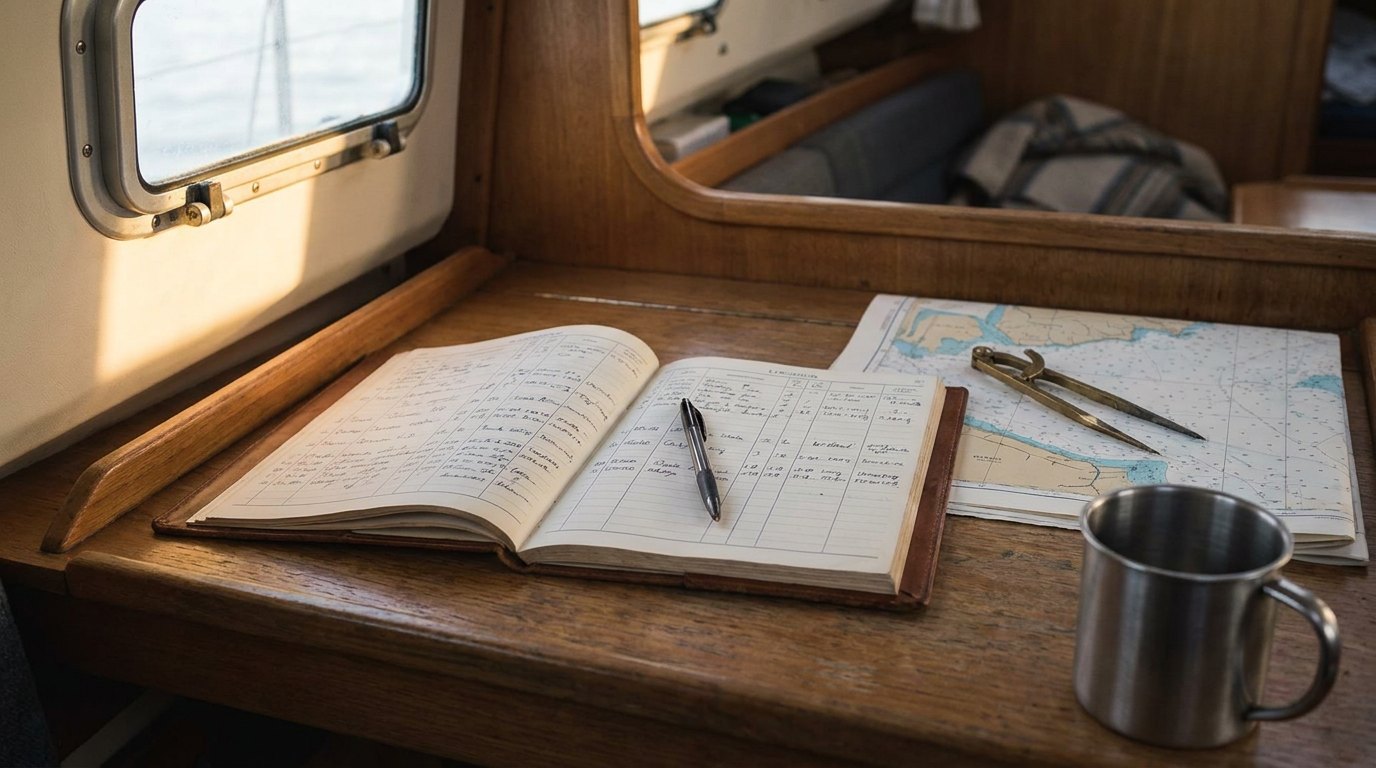Aufgeschlagenes handschriftliches Logbuch auf dem Kartentisch einer Segelyacht, daneben Zirkel auf einer Seekarte und ein Edelstahlbecher