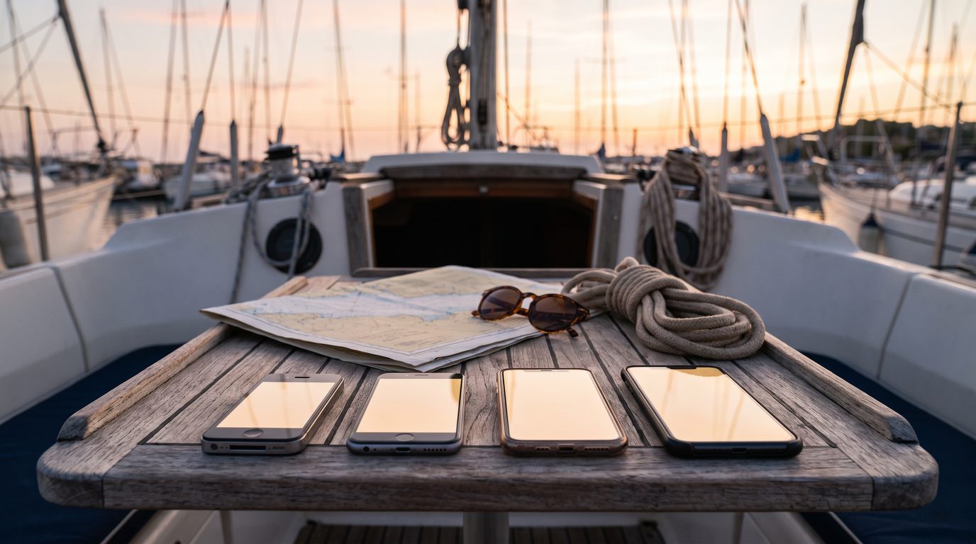 Vier Smartphones nebeneinander auf dem Teak-Cockpittisch einer Segelyacht im Abendlicht, dazwischen eine gefaltete Seekarte, Sonnenbrille und ein Tampen
