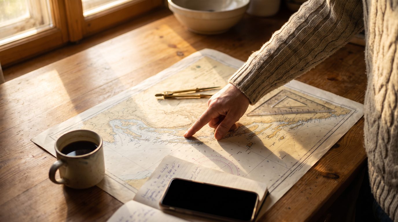 Seekarte der kroatischen Adria auf einem Holztisch im Morgenlicht, daneben Zirkel, Kursdreieck, Kaffeetasse und ein Notizbuch mit Checkliste; eine Hand zeigt auf eine Insel
