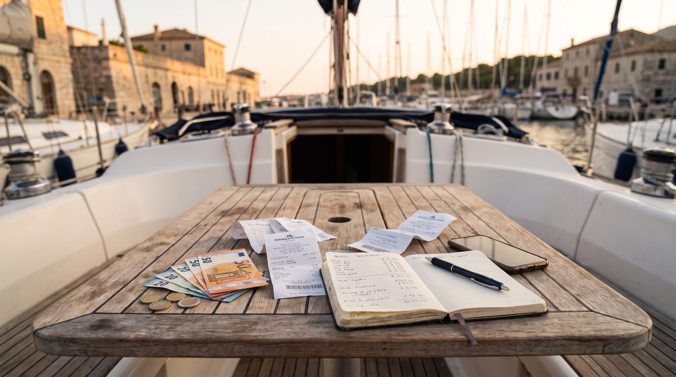 Euro-Scheine, Münzen, Quittungen und ein Notizbuch mit Zahlenkolonne auf dem Cockpittisch einer Charteryacht, im Hintergrund unscharf ein Mittelmeerhafen im Abendlicht