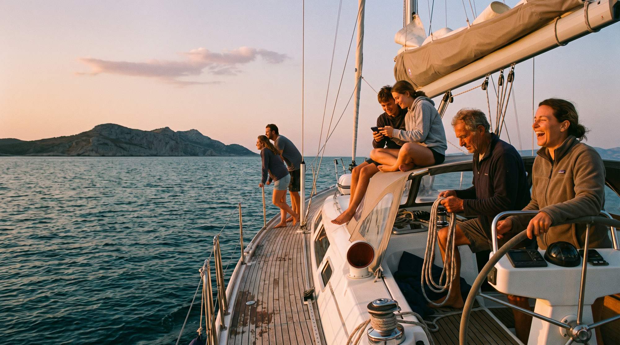 Sechs Crew-Mitglieder an Deck einer Segelyacht vor einer Insel in der Adria, kurz nach Sonnenuntergang